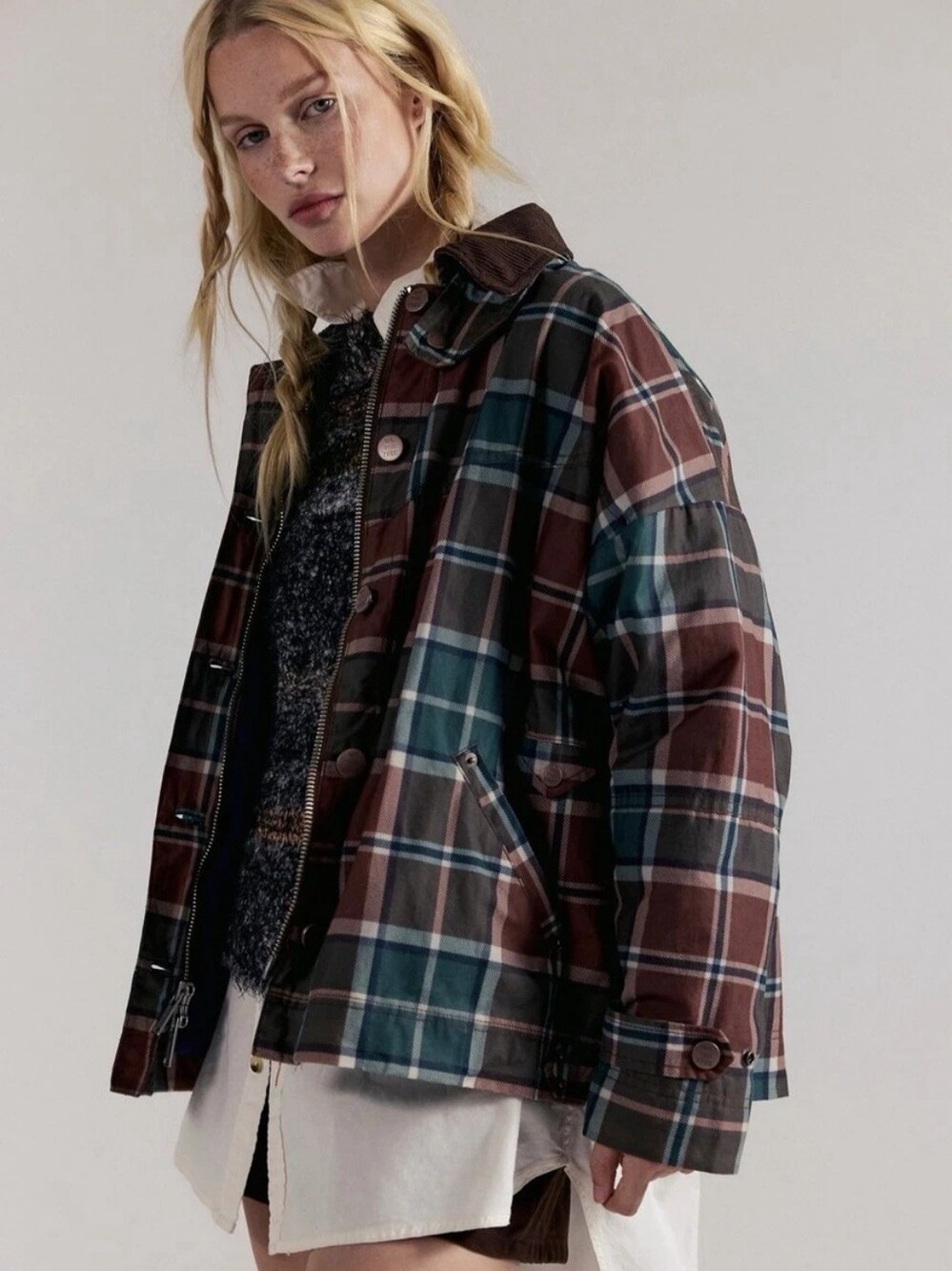 Free People We The Free Cori Waxed Barn Jacket Brown Plaid NWT Size S
